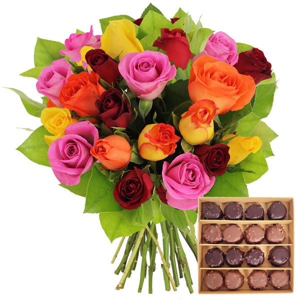 Fleurs et cadeaux 20 ROSES MULTICOLORES + ROCHERS AU PRALINE